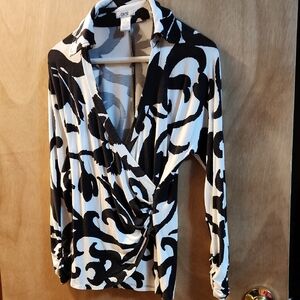 Cache Black and White Abstract Blouse
